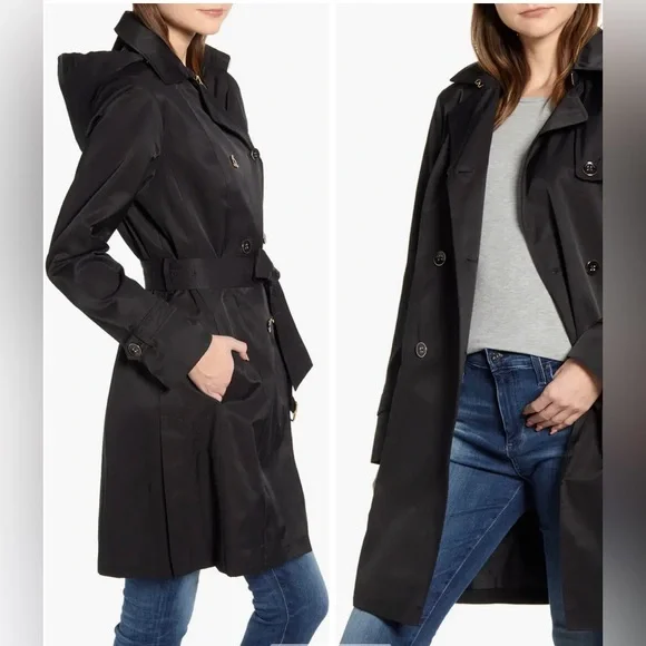 Cole Haan Black Trench Coat with Detachable Hood - Picture 2 of 9